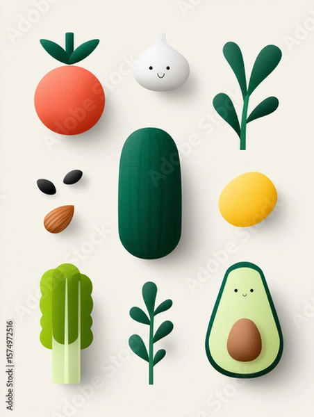 Fototapeta A vibrant, playful arrangement of stylized 3D vegetables and seeds, including a tomato, cucumber, garlic, avocado, celery, and almond, against a clean beige background. The composition is visually