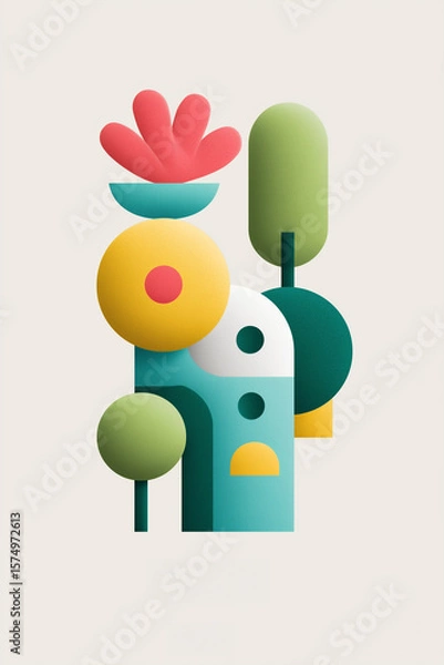 Fototapeta A minimalist abstract illustration featuring stylized geometric shapes representing nature elements like trees and a flower. The design is clean, modern, and utilizes a soothing color palette