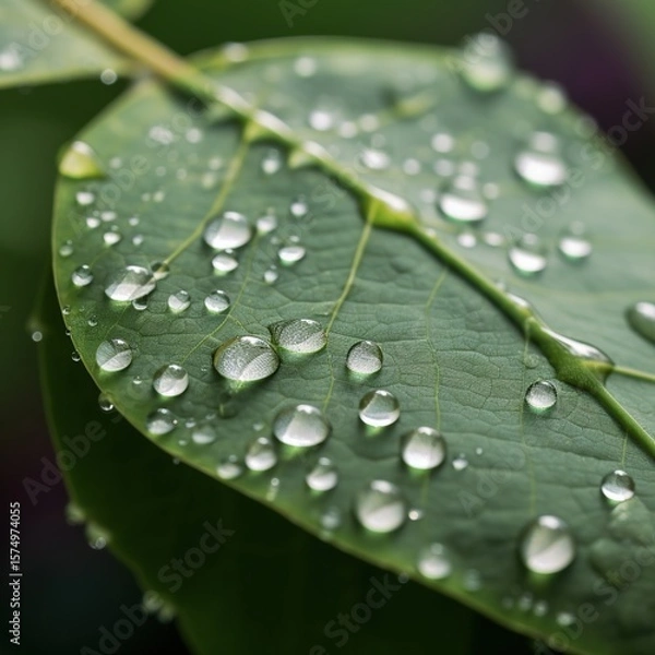 Obraz Dew Drops on Green Leaf Closeup. (1)