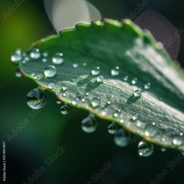 Obraz Dewdrops on Green Leaf Closeup.
