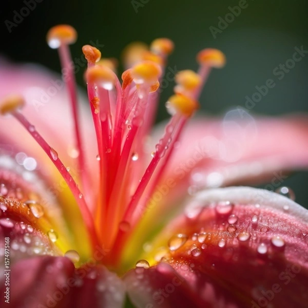 Obraz Dewdrops on Pink Lily Closeup.