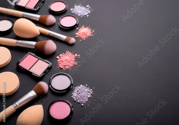 Fototapeta Vibrant Makeup Collection with Brushes and Powders - Perfect for Beauty Tutorials and Cosmetic Design