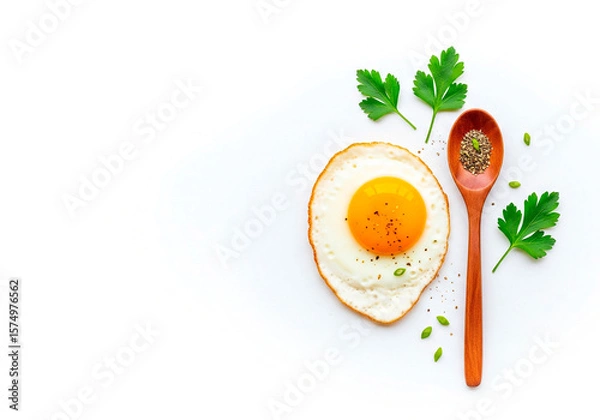 Fototapeta Minimal breakfast composition with sunny-side-up egg and herbs for food design, wellness lifestyle or recipe blogs