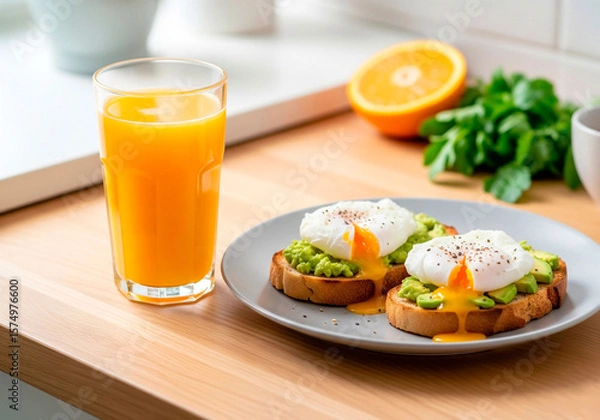 Fototapeta Healthy breakfast with fresh orange juice and avocado toast for wellness blogs, nutrition promotion or morning routine visuals