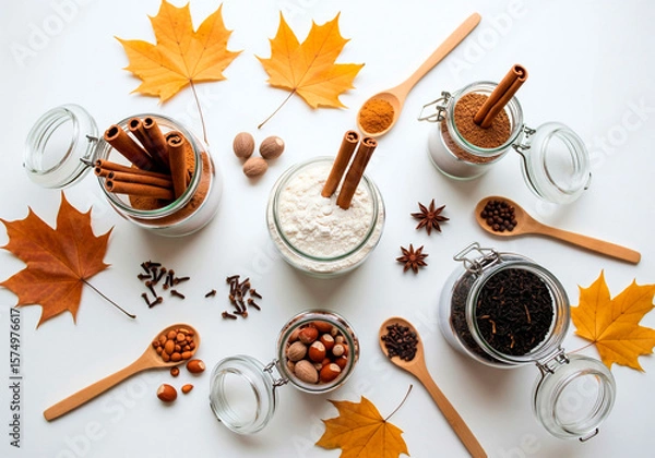 Fototapeta Autumn baking flatlay with flour, spices and maple leaves for recipe content, seasonal branding or food styling