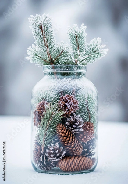 Fototapeta Frosted Pinecones and Branches in Jar, Ideal for Winter Decor, Holiday Crafts, or Nature Ads