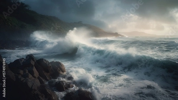 Obraz Dramatic Ocean Waves Crashing Shore.