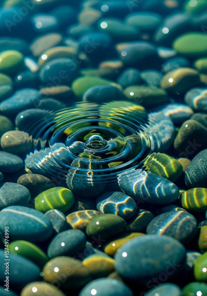 Fototapeta Serene Water Ripples Over Colorful Pebbles, Perfect for Spa, Meditation, or Nature Design Projects