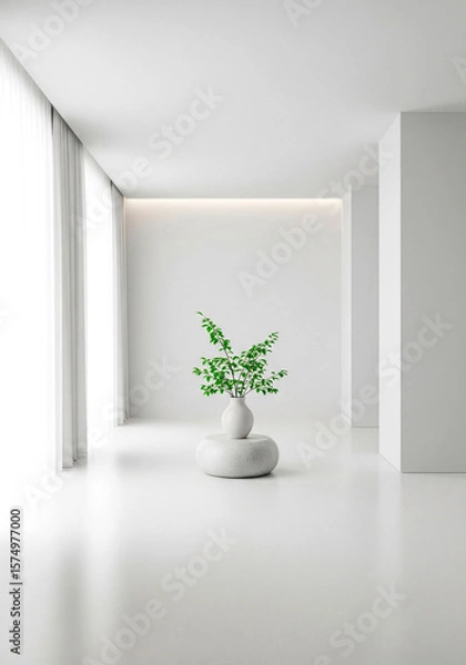 Fototapeta Modern minimalist interior with single green plant and soft natural light for wellness, architecture or home decor visuals