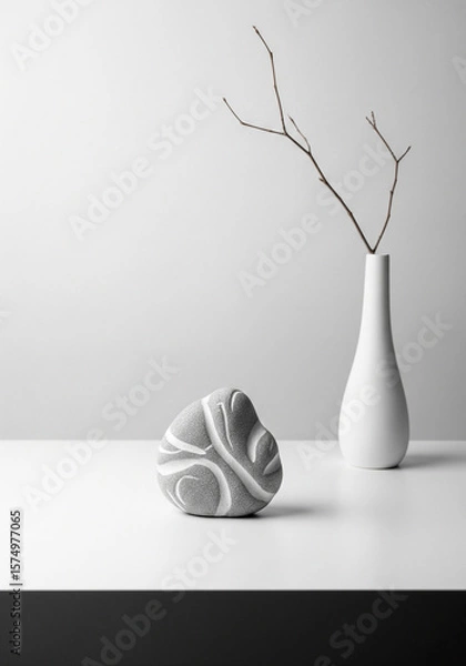 Fototapeta Minimalist zen scene with white vases, stone and dry branch for interior design, balance concept or wellness visuals