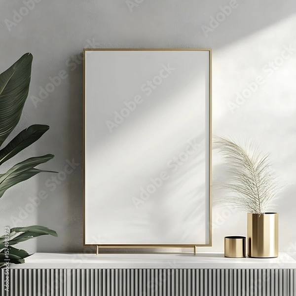 Fototapeta Elegant blank frame rests on a table with decorative plants and soft shadows creating a modern and serene interior aesthetic.