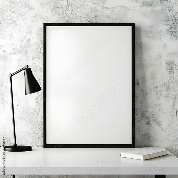 Fototapeta Minimalist mockup with frame and lamp on table against a textural wall, perfect for showcasing art or design in a modern space.