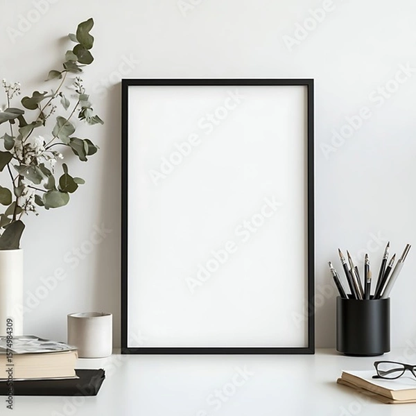 Fototapeta Elegant blank frame on white desk with books, stationary and plant ready for art, graphics or text additions.