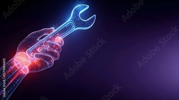 Fototapeta Wireframe hand holds a glowing wrench tool in a digital construction concept.