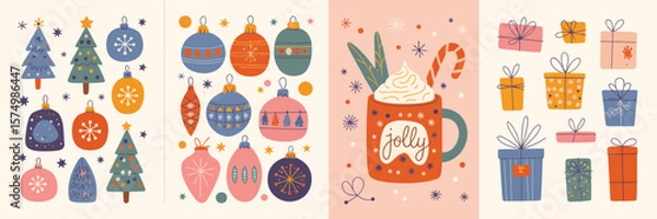 Fototapeta Merry Christmas and Happy New Year 2026 – Cute Vector Illustration with Christmas Tree, Ornaments, Gifts, and Coffee for Festive Greeting Cards, Patterns, and Holiday Backgrounds