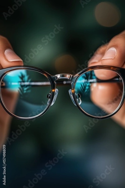 Obraz Optical glasses held in hands, vision and eye care concept