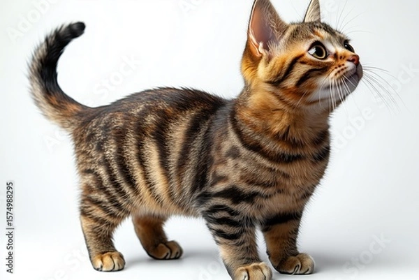 Obraz Cute Tabby Kitten with Bright Eyes Standing on a White Background