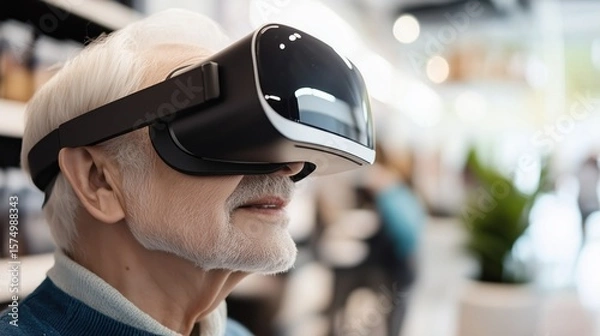 Obraz Elderly man exploring virtual reality with VR headset
