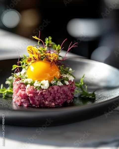 Obraz Gourmet Beetroot Tartare with Mango Yolk and Fresh Microgreens