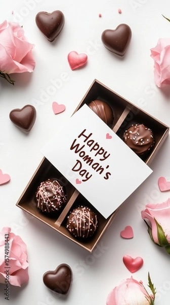 Obraz Elegant Chocolates and Pink Roses for Happy Woman's Day Celebration