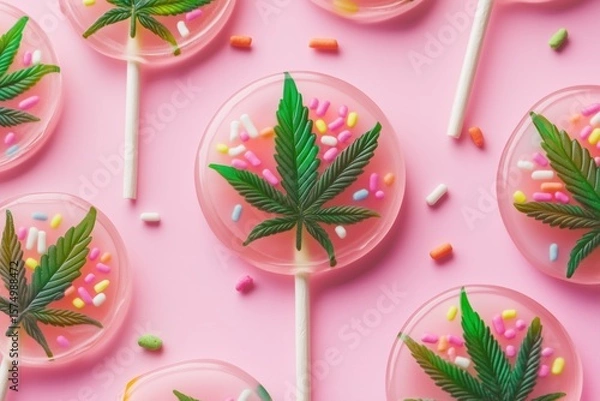 Obraz Sweet Cannabis Lollipops with Sprinkles on a Pink Background