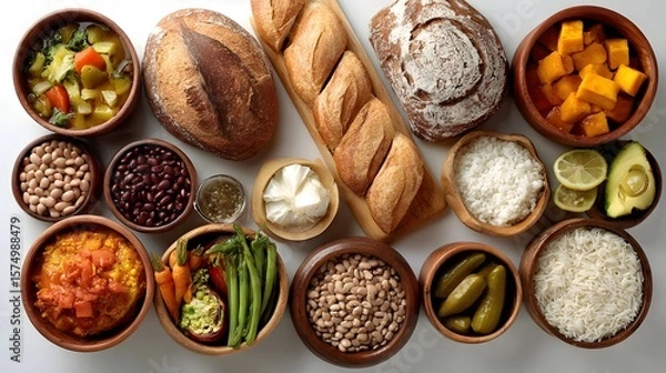 Obraz Assortment of bread and different food ingredients in wooden bowls, displayed in an inviting manner