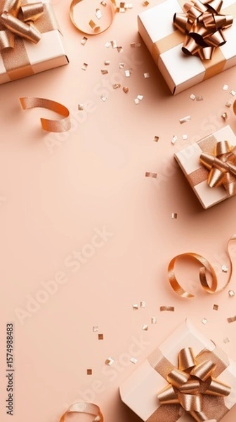 Obraz Elegant Gifts and Rose Gold Confetti on a Soft Pink Background