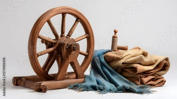 Obraz A vintage spinning wheel with blue and brown scarves. This scene evokes a sense of craftsmanship and a rich heritage.