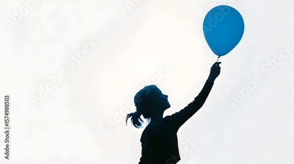 Obraz A silhouette of a person holding a blue balloon against a bright sky, symbolizing freedom and aspiration. The figure reaches upward, with the balloon floating gracefully
