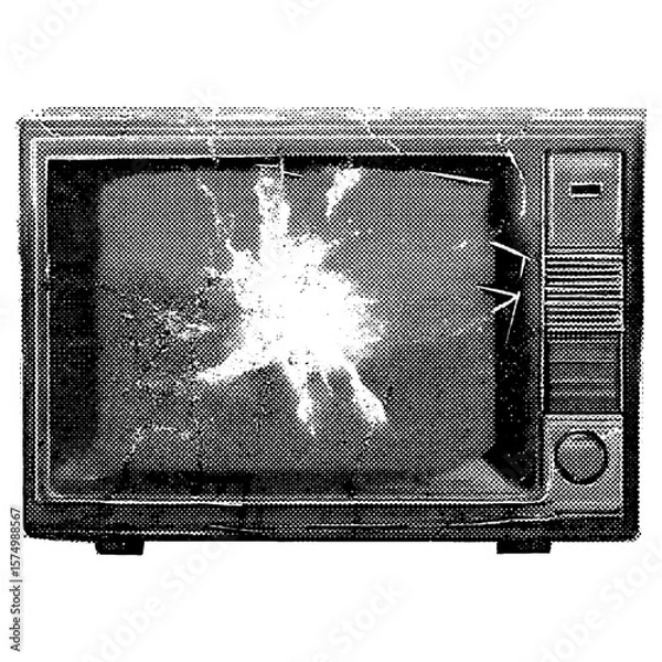 Fototapeta Creepy Halloween old broken tv collage element with vintage stippling photocopy effect. Retro vector illustration for psychedelic surreal poster, with experimental grunge dotted texture