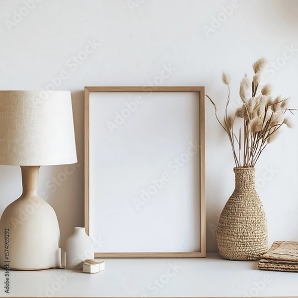 Fototapeta Blank frame mockup displaying bohemian style with a vase, lamp, and minimalist decor, perfect for showcasing artwork or design projects.