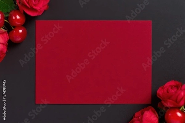 Obraz Cherry Coded Red Aesthetic - Blank Invitation Card Centered Among White Roses and Cherries for Elegant Mockups
