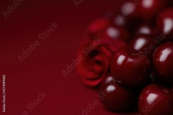 Obraz Stacked Dark Cherries on Deep Crimson with Soft Rose Accent – Minimal Romantic Still Life for Valentine’s Promotions & Editorial Food Aesthetic