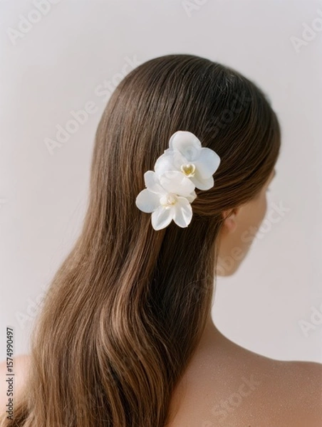 Obraz Brunette with Orchids in Half-Up Hairstyle – Soft Neutral Backdrop for Luxury Hair Branding and Instagram Content