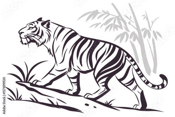 Fototapeta Artistic sumi e style black brush tiger in dynamic pose