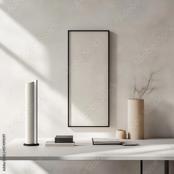 Fototapeta Minimalist interior styling featuring a blank framed artwork, soft light, books, and decor against a textured wall