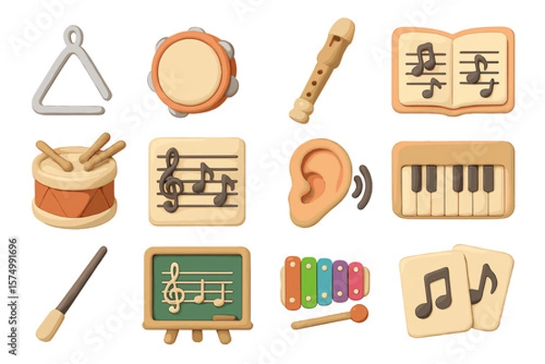 Fototapeta Clay musical instruments and symbols with notes and ear