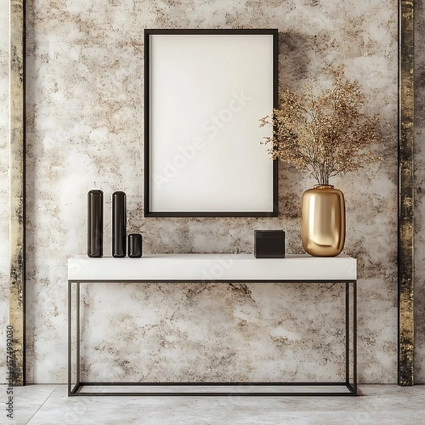 Fototapeta Interior scene showcasing a blank frame with decorative elements on a console table against a textured wall in neutral tones.