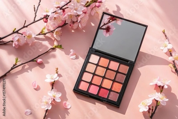 Fototapeta Spring blossom makeup palette with warm toned eyeshadows and delicate flowers