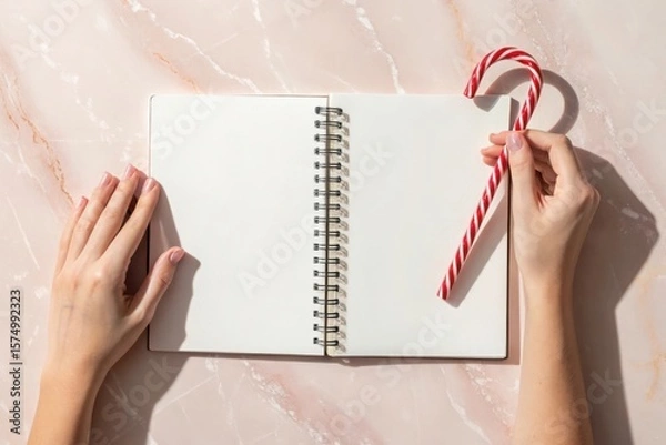 Fototapeta Hands holding a candy cane over an open blank notebook on a marble surface