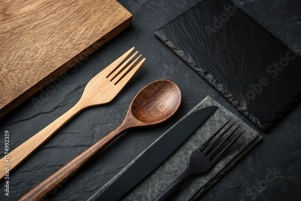 Fototapeta Elegant wooden and black cutlery set arranged on a dark slate surface
