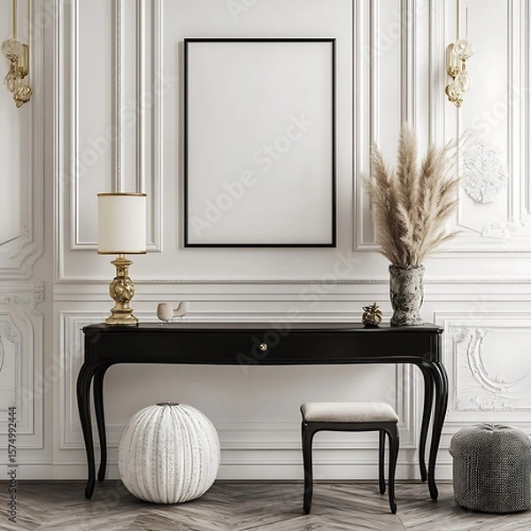 Fototapeta Interior design showcases a blank picture frame above a dark console table with ornate details in a decorative setting