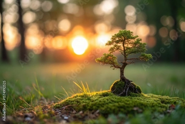 Fototapeta Miniature bonsai tree bathed in golden sunset light on mossy ground