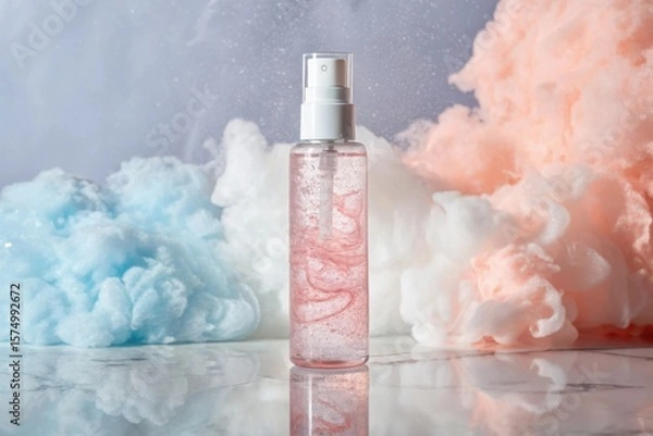 Fototapeta Sparkling pink liquid in a clear spray bottle surrounded by soft pastel clouds