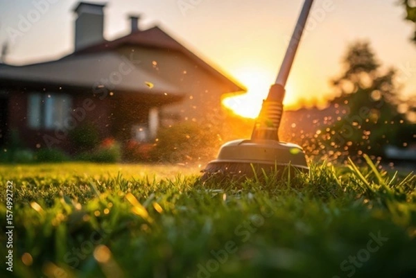 Fototapeta Sweeping a grassy lawn at sunset with a house in the background