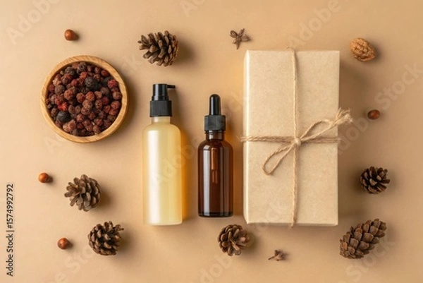 Fototapeta Natural skincare products with pine cones and berries for a rustic aesthetic