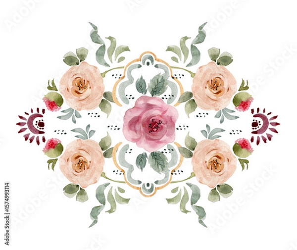 Fototapeta Elegant watercolor pattern with hand drawn roses in pastel colors on white background