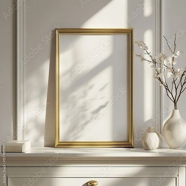 Fototapeta Elegant golden picture frame mockup with white walls and decoration enhances a modern interior design.