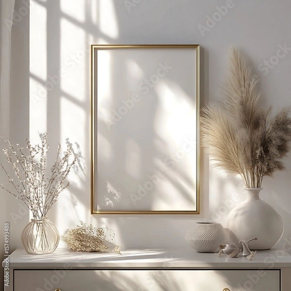 Fototapeta Golden frame mockup with pampas grass decoration and a sunny shadow in a minimalist white interior space.