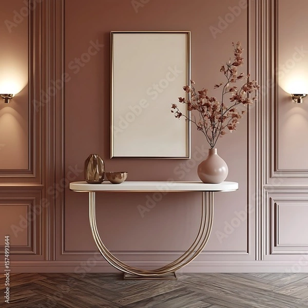 Fototapeta Stylish interior shows a wall with a blank frame above a modern console table with a vase of flowers.